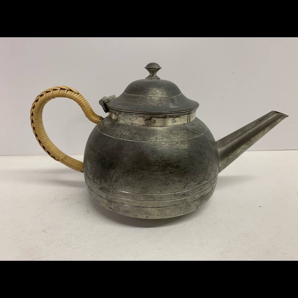 Vintage Selangor Pewter Wicker Wrapped Handle Tea Pot